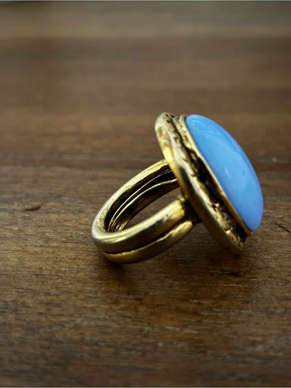 Gold-Tone Ring with Light Blue Cabochon - Women's Fashion Ring